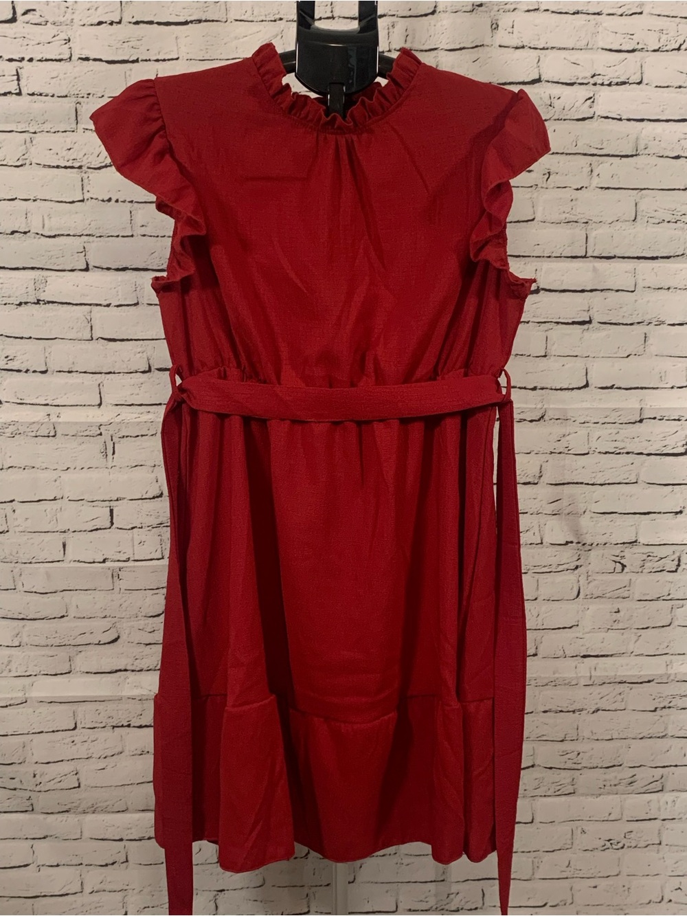 Ruffled Sleeveless Belted Red Dress XL